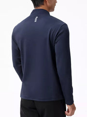 Men's dark navy half-zip sweatshirt with reflective detail on back yoke.