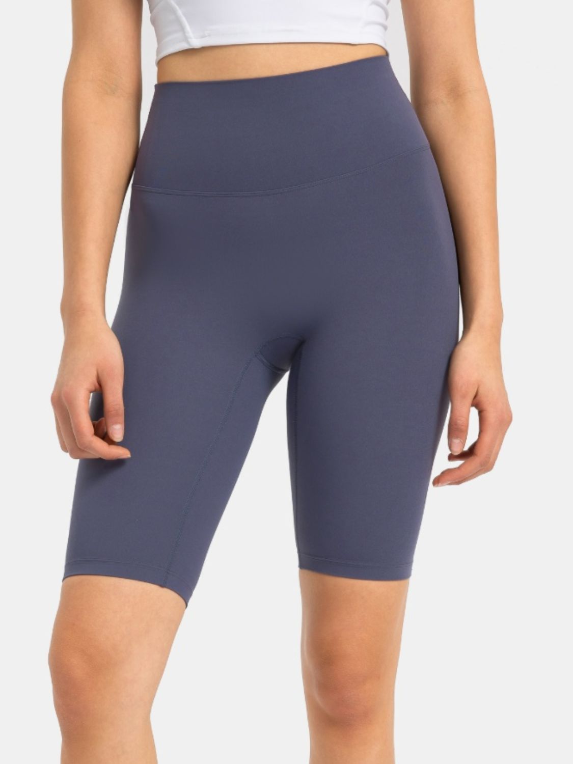 Sculpted Contour Active Cycling Shorts in Dusty Blue, high-waisted, seamless design.