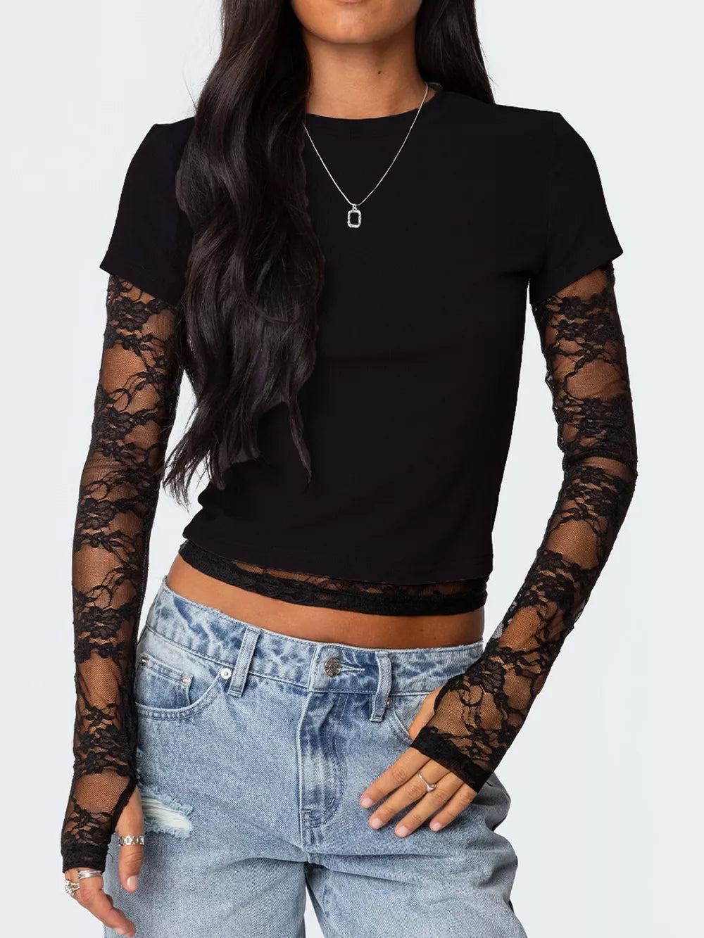 Black cropped t-shirt with lace sleeves and thumbholes