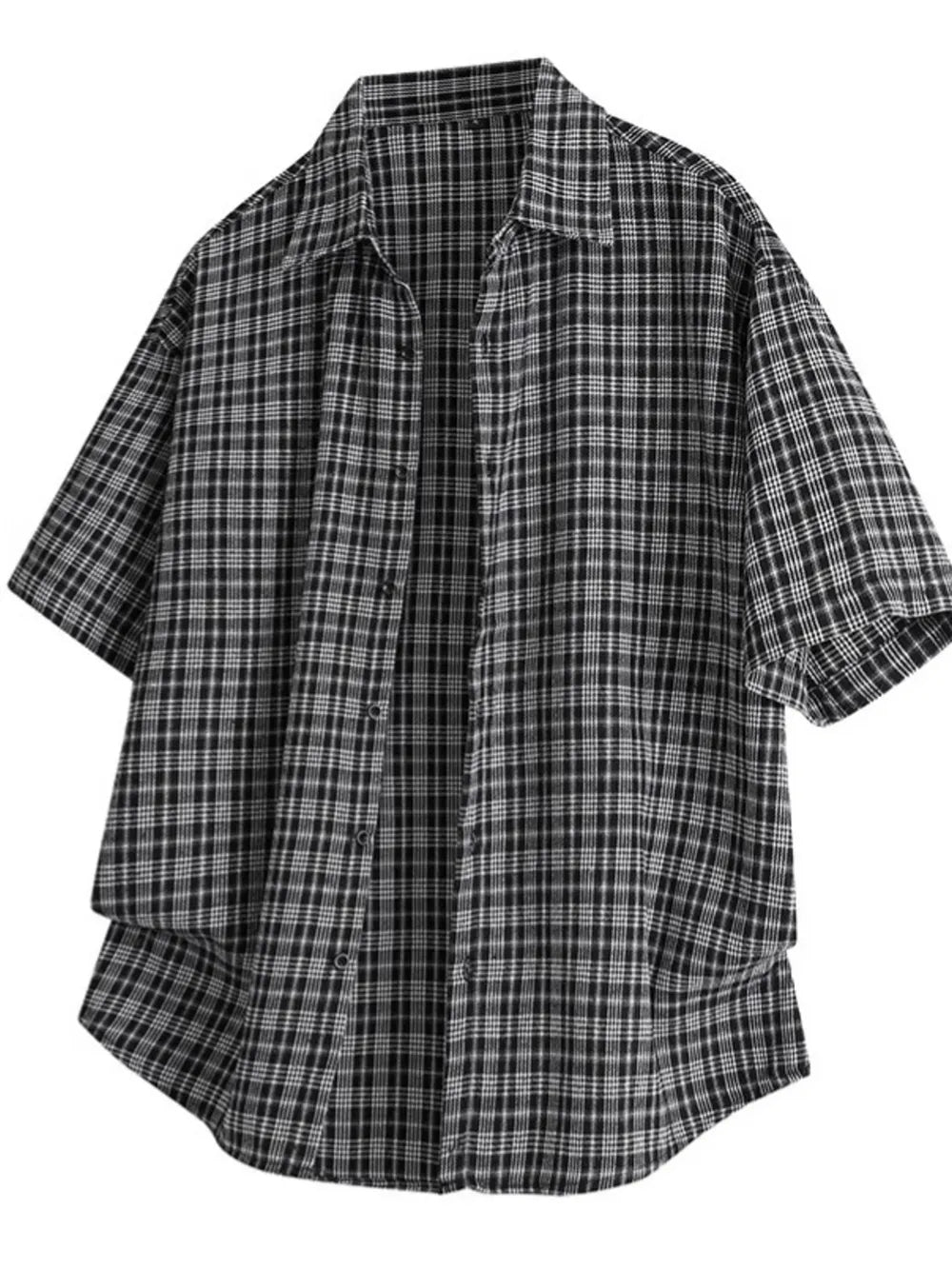 Black oversized plaid button-front shirt with short sleeves.
