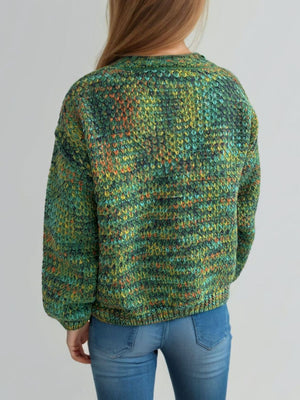 Textured mélange knit sweater in dark green with multicolor flecks, crew neck, long sleeves.