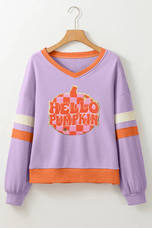 Lavender graphic sweatshirt with Hello Pumpkin design and orange trim