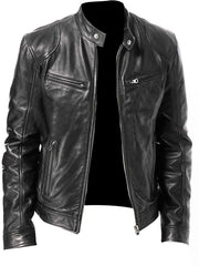 Men's black faux leather biker jacket with zip pockets and stand collar