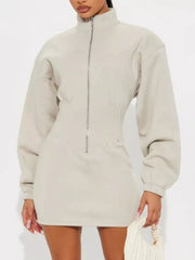 Casual Zip-up Long Sleeve Mini Dress in Off-white, fabric detail