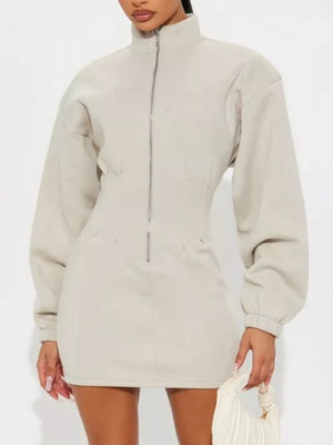 Casual Zip-up Long Sleeve Mini Dress in Off-white, fabric detail