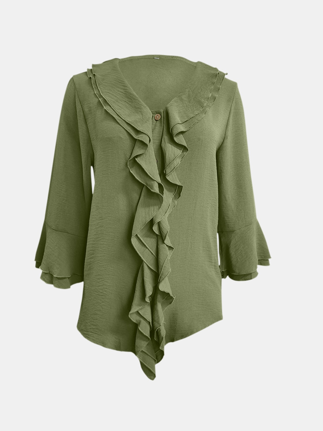 Ruffled linen blouse in olive with flared sleeves and a button detail.