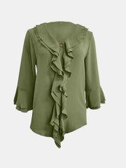Ruffled linen blouse in olive with flared sleeves and a button detail.