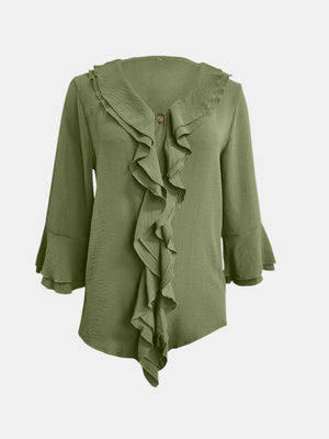 Ruffled linen blouse in olive with flared sleeves and a button detail.