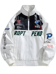 White and black racing jacket with embroidered logos and text.