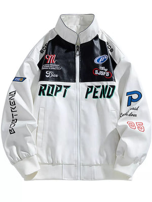 White and black racing jacket with embroidered logos and text.