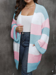 Chunky stripe open-front cocoon cardigan in pastel colors with pockets.