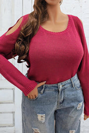 Deep Red open shoulder ribbed knit pullover sweater with long sleeves.