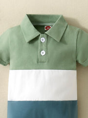 Baby color block polo one-piece with white buttons and moss green, white, and sky blue panels.