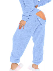 Blue fleece hooded romper with open back and button detail