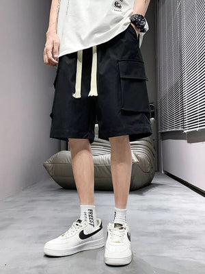 Black relaxed fit cargo shorts with drawstring and multiple pockets