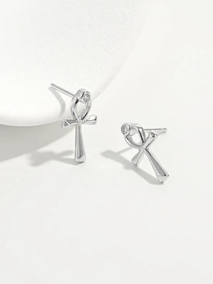 Silver ankh stud earrings with zircon detail