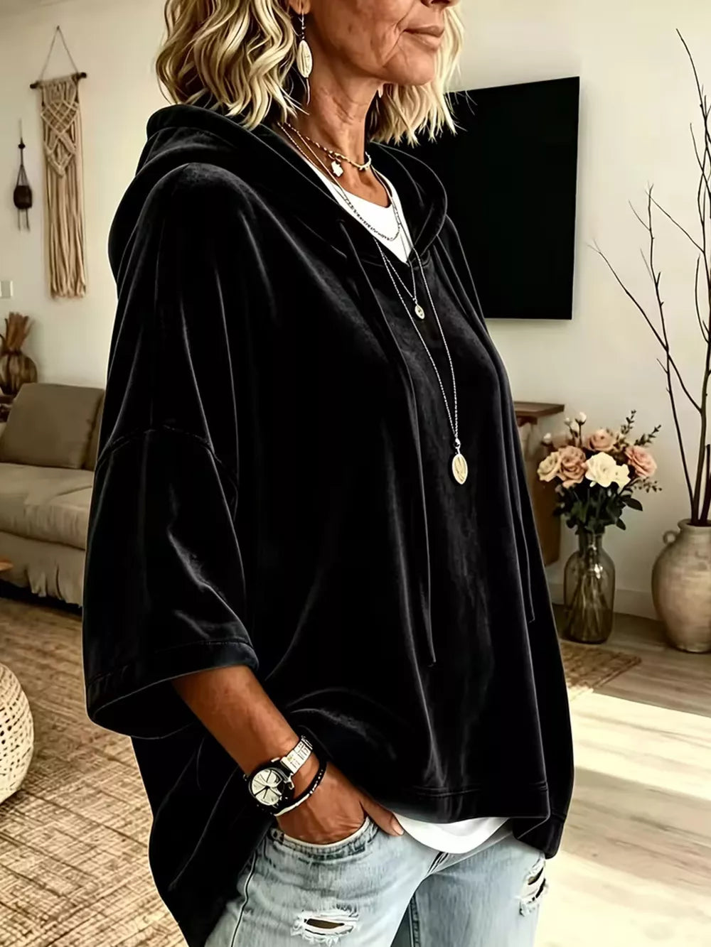Velvet Loose Fit Hoodie With Drawstring in Khaki, view 13