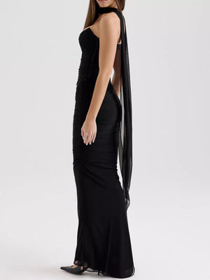 Black sweetheart neckline ruched maxi dress with flowing sheer sleeves.