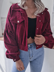 Wine corduroy cropped jacket with balloon sleeves and button-up front.