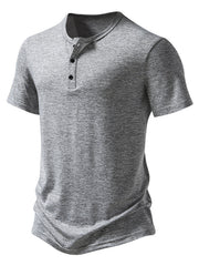 Men's light gray mélange cotton slim fit henley tee with curved hem