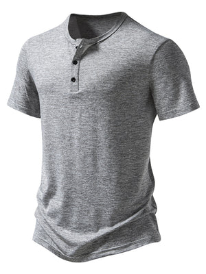 Men's light gray mélange cotton slim fit henley tee with curved hem