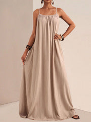 Khaki maxi swim dress with spaghetti straps and gathered neckline.