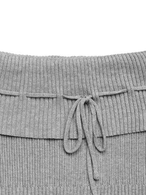 Gray ribbed knit off-shoulder blouse with a tie bow detail
