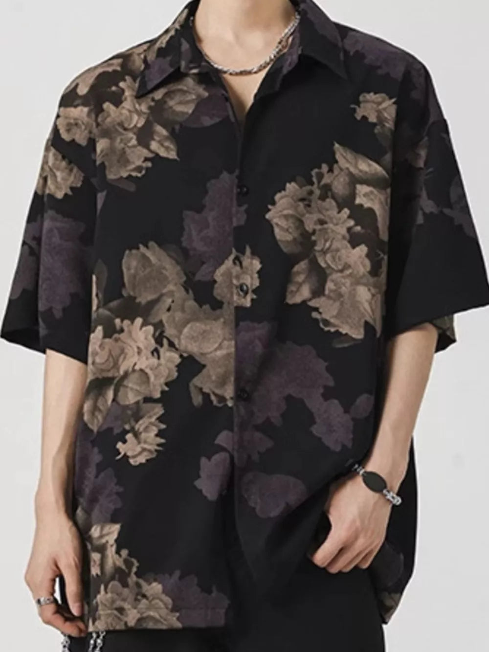 Men's black oversized floral print short sleeve cotton shirt