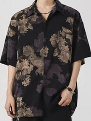 Men's black oversized floral print short sleeve cotton shirt