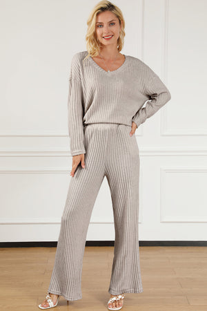 Light Gray ribbed knit lounge set with wide-leg pants and v-neck sweater.