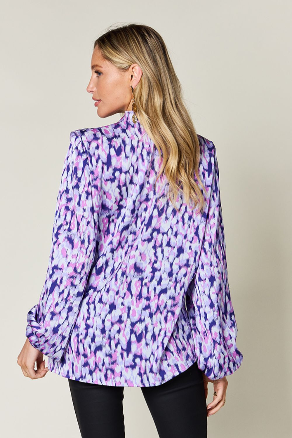 Ethereal print blouse in blue purple with balloon sleeves and a ruffled front detail.