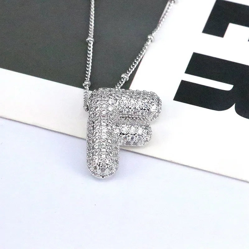 Silver pave initial bubble pendant necklace, Style F