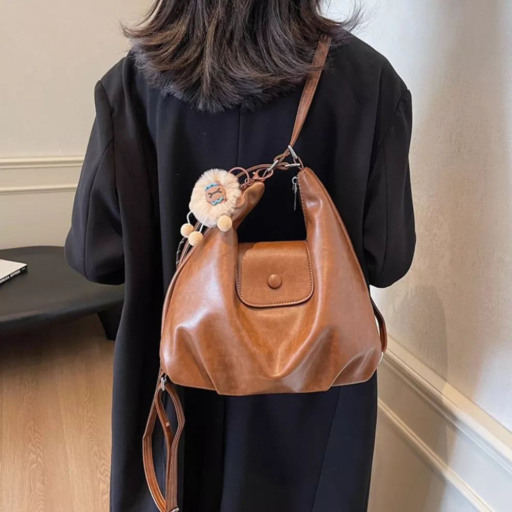 Pu Leather Medium Shoulder Bag in Brown, close-up detail
