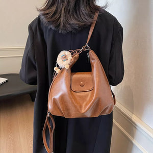 Pu Leather Medium Shoulder Bag in Brown, close-up detail