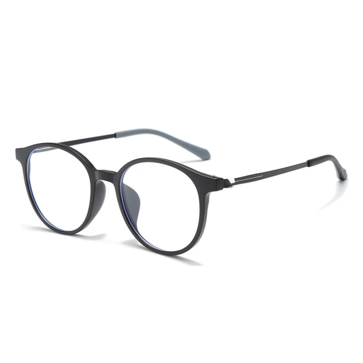 Black acetate round frame glasses with thin metal temples and grey ear tips.