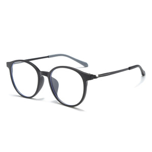 Black acetate round frame glasses with thin metal temples and grey ear tips.