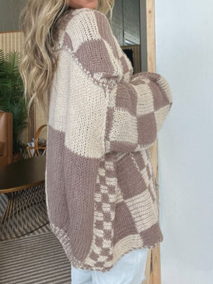 Oversized checkerboard knit cardigan in mocha and cream with a relaxed fit and dropped shoulders.