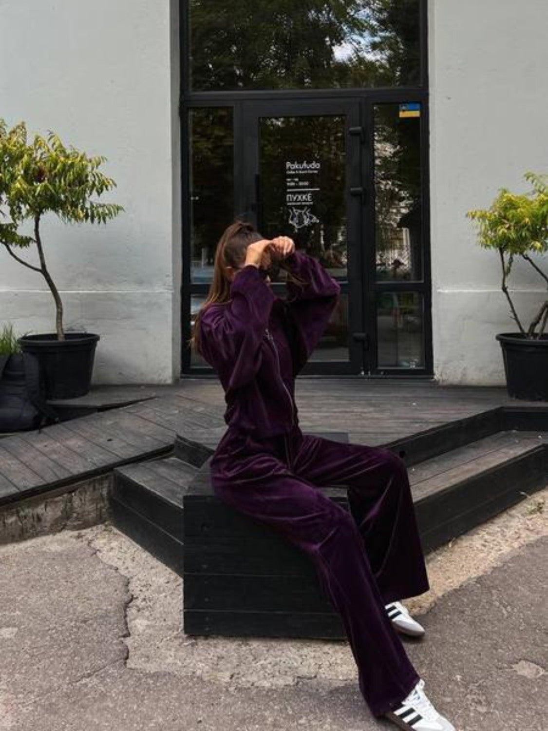 Plush velour lounge set in Violet, featuring wide leg pants and a zip-up jacket.