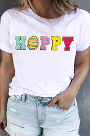 White graphic tee with sequin "Hoppy" Easter egg design