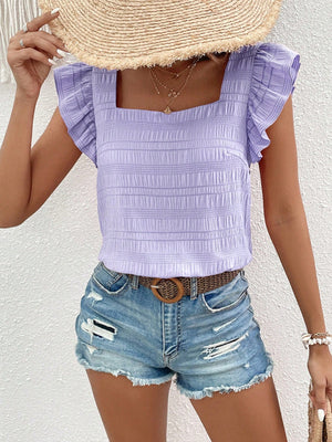 Lavender textured ruffle sleeve square neck blouse with smocked bodice.