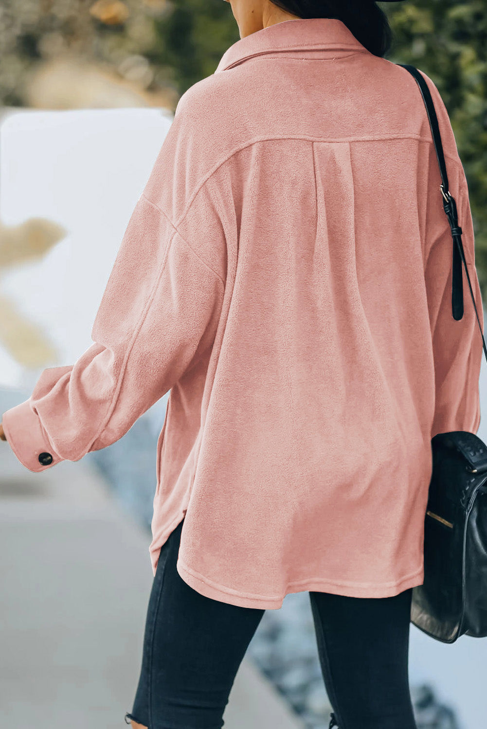 Fleece shirt jacket in Blush Pink with button cuffs and a relaxed fit.