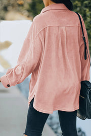 Fleece shirt jacket in Blush Pink with button cuffs and a relaxed fit.