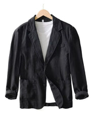 Black long sleeve blazer with lapel collar, two front pockets, and a single button closure, styled over a white t-shirt.