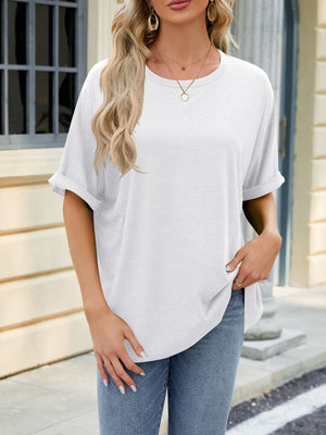 White crew neck t-shirt with rolled sleeves and relaxed fit