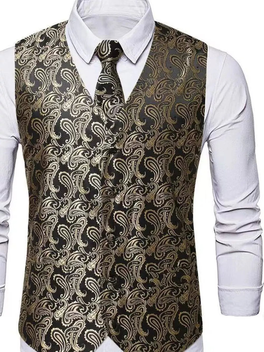 Men's Full Size Paisley Print Button Up Vest, fit detail
