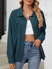 Dark Navy corduroy overshirt with patch pockets and button front, styled open over a white crop top.