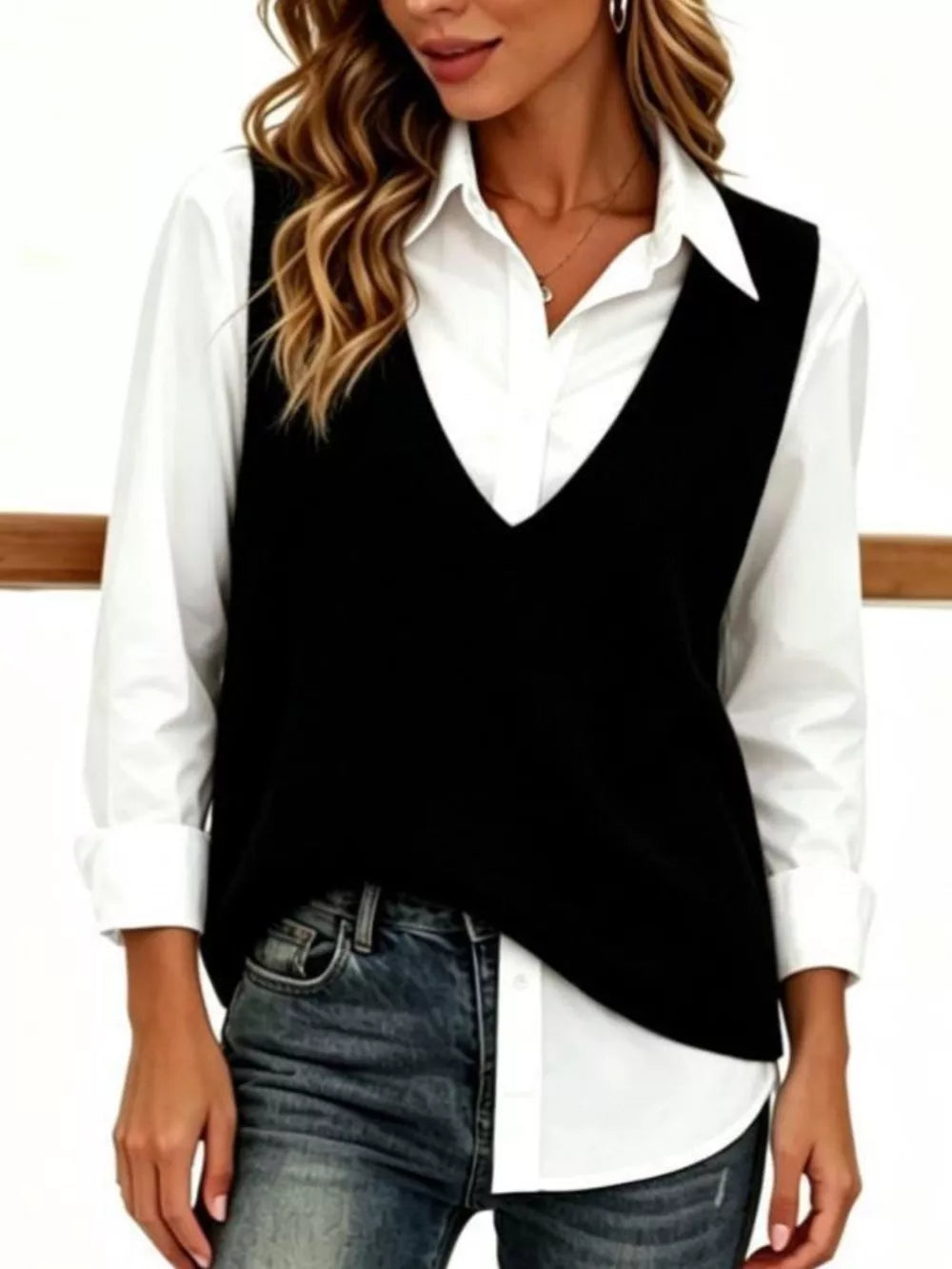 Chic V-neck Sleeveless Knit Sweater Vest Plus Size in White, front view