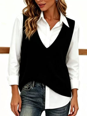 Chic V-neck Sleeveless Knit Sweater Vest Plus Size in White, front view