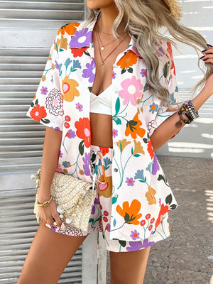 Coastal Tile Print Co-ord Set with button-up shirt and shorts in multicolor floral pattern.