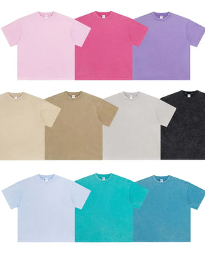 Oversized acid wash tees in multiple colors: light blue, blush pink, hot pink, lavender, cerulean, teal, khaki, beige, gray